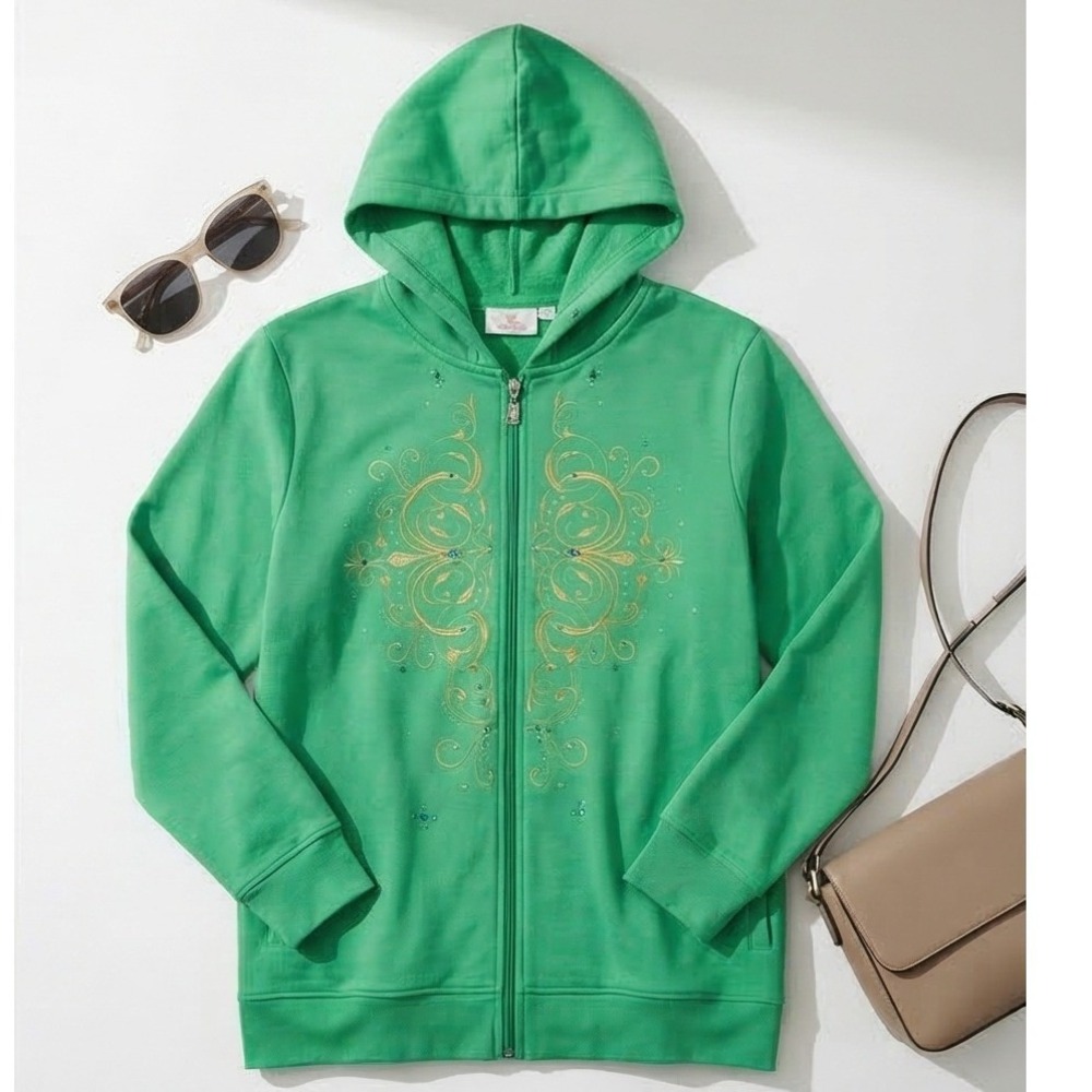 Quacker Factory 1X‎ Green Embroidered Rhinestone Zip Up Hoodie Sweatshirt